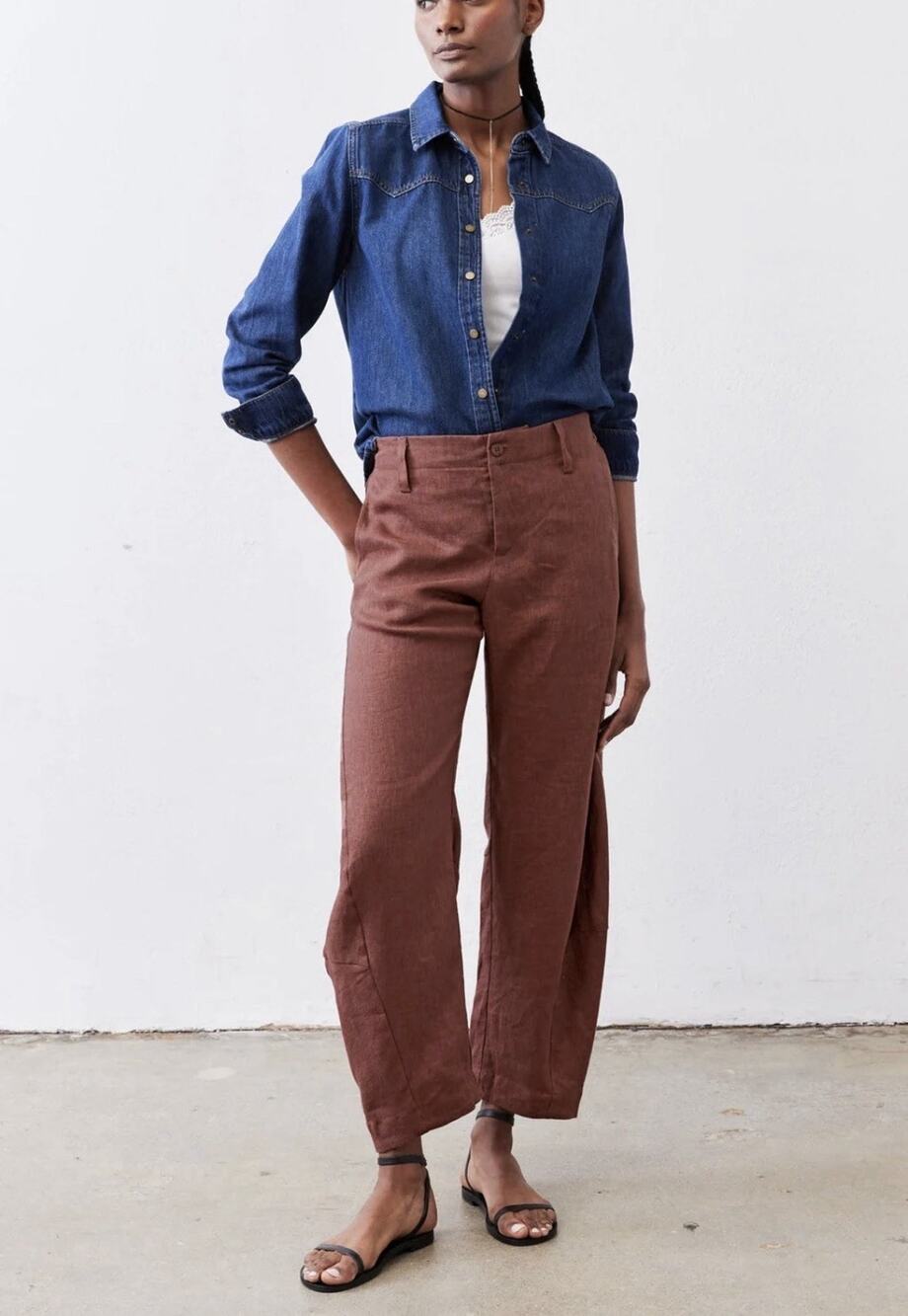 NEW Ruti The Uptown Loose Linen Pants •6• Spice Brown Work Barrel Leg $279